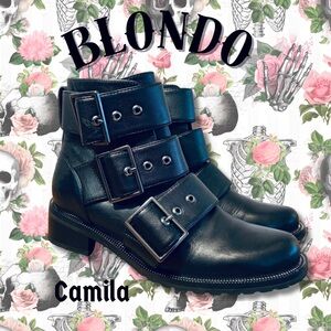 Blondo Camila Waterproof Moto Biker Bootie Black Leather Buckle Sz 6.5 EUC